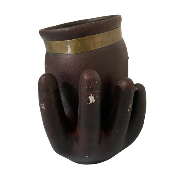 Ceramic Mid Century Head In Hand 2 Piece Figural Vase Urn Holder Metal Accents - Picture 4 of 10